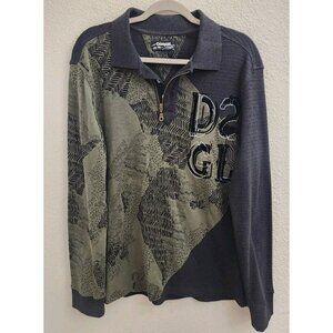 Desigual Men’s Green & Gray Patchwork Long Sleeve Pullover Polo Shirt sz XL